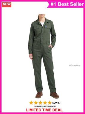 Women's Long Sleeve Twill Coverall Work Jumpsuit Relaxed Fit Utility Pockets